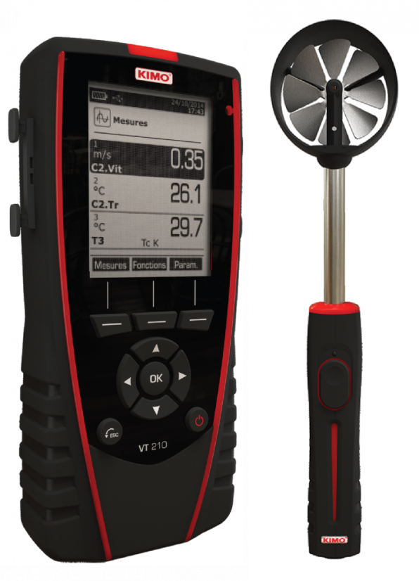 Digitální multifunkční anemometr KIMO VT210 - Model - Prenosné anemometre: VT210H - s vrtulovou 70 mm sondou, Měřicí rozsah: 0.4 až 35 m/s a -20 až +80°C