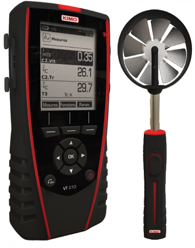 Digitální multifunkční anemometr KIMO VT210 - Model - Prenosné anemometre: VT210L - s vrtulovou 100mm sondou, Měřicí rozsah: 0.3 až 35 m/s a -20 až +80°C