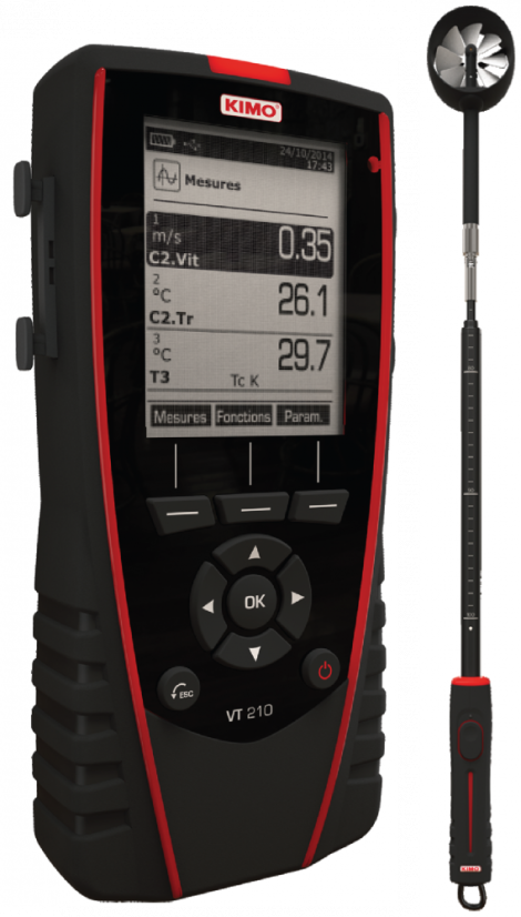 Digitální multifunkční anemometr KIMO VT210 - Model - Prenosné anemometre: VT210TH - s teleskopickou vrtulovou 70 mm sondou (1 m) s ohybem 90°, Měřicí rozsah: 0.4 až 35 m/s a -20 až +80°C