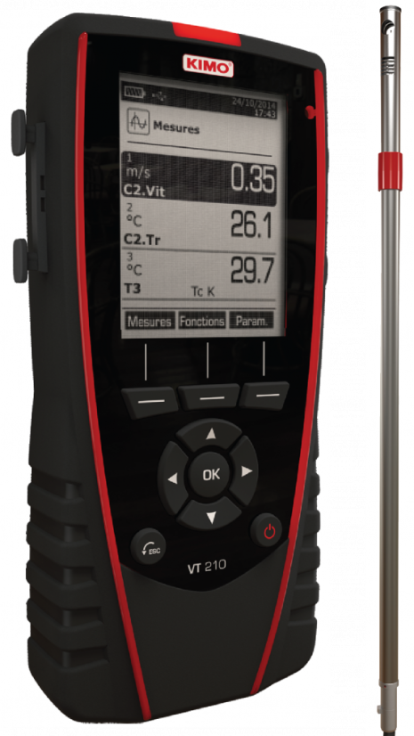 Digitální multifunkční anemometr KIMO VT210 - Model - Prenosné anemometre: VT210F - s hotwire sondou, Měřicí rozsah: 0.15 až 30 m/s a 0 až +50°C