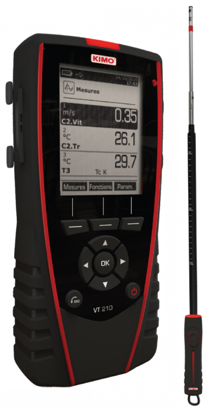 Digitální multifunkční anemometr KIMO VT210 - Model - Prenosné anemometre: VT210M - s multifunkční sondou SMT 900 - měření rychlosti, teploty a vlhkosti, Měřicí rozsah: 0.15 až 30 m/s a -20 až +80°C a 5 až 95% RV