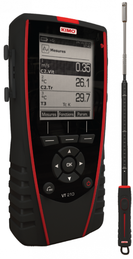 Digitální multifunkční anemometr KIMO VT210 - Model - Prenosné anemometre: VT210TP - s teleskopickou vrtulovou 14 mm sondou (1 m) s ohybem 90°, Měřicí rozsah: 0.8 až 25 m/s a -20 až +80°C